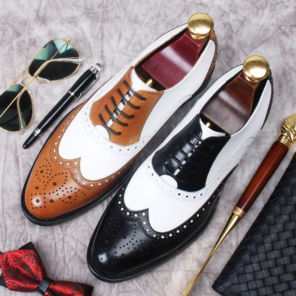 brand men oxford shoes two colors men dress shoes lace up pointed toe patchwork stitching genuine leather brogue shoes for men, Black
brand men oxford shoes two colors men dress shoes lace up pointed toe patchwork stitching genuine leather brogue shoes for men, Black