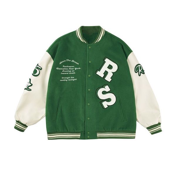 

American vintage letter embroidery spliced woolen baseball leather sleeve jacket men, Green