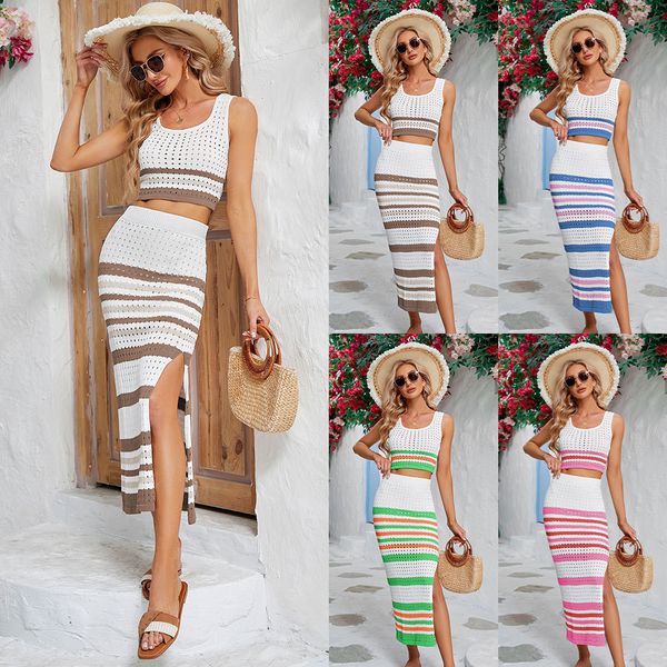 women's two piece dress summer new square neck striped beach nightclub hollowed out suit short vest slit long skirt, White
women's two piece dress summer new square neck striped beach nightclub hollowed out suit short vest slit long skirt, White