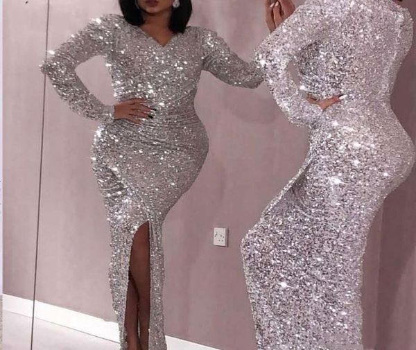 sparkling sliver mermiad prom dresses with long sleeves floor length custom made v neck side split dubai arabic evening dress5579733, Black