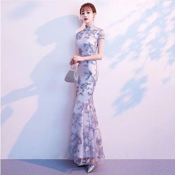 new style cheongsam short sleeved improved version dress runway show long fish tail chinese style elegant temperament dress looks slim for w, Blue;red
new style cheongsam short sleeved improved version dress runway show long fish tail chinese style elegant temperament dress looks slim for w, Blue;red