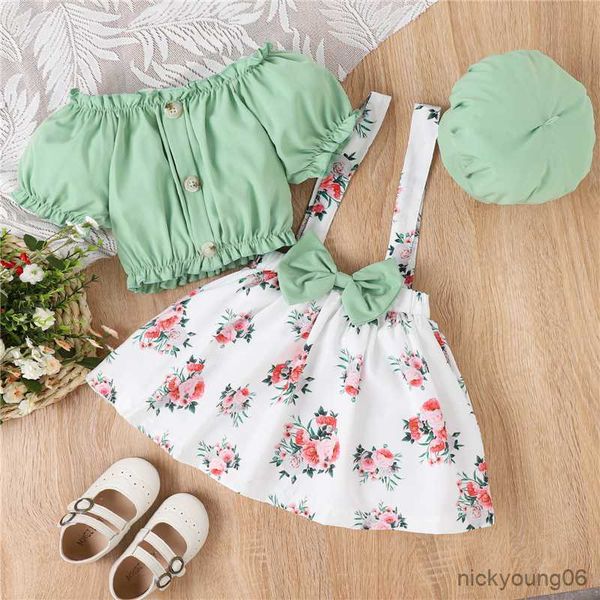 clothing sets kids girls summer outfit green short sleeve button and floral suspender skirt hat, White
clothing sets kids girls summer outfit green short sleeve button and floral suspender skirt hat, White