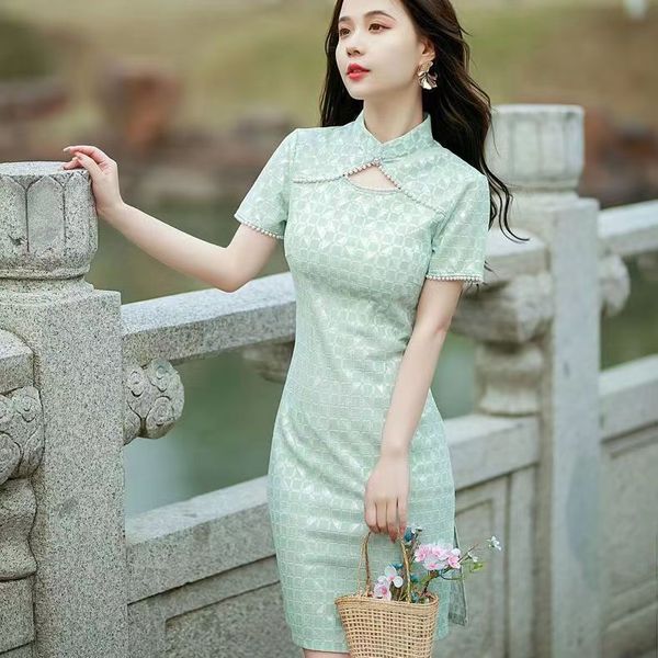 qipao 2022 summer new young girls' improved version slim fit, flesh covering short, small dress for women, Blue;red
qipao 2022 summer new young girls' improved version slim fit, flesh covering short, small dress for women, Blue;red