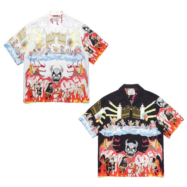 23ss graffiti print shirt men women black white hawaiian style, White;black