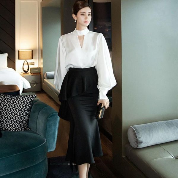 dress women vintage stand collar hollow lantern sleeve shirt blouse bodycon ruffle package hips high waist skirt 2piece set, White
dress women vintage stand collar hollow lantern sleeve shirt blouse bodycon ruffle package hips high waist skirt 2piece set, White