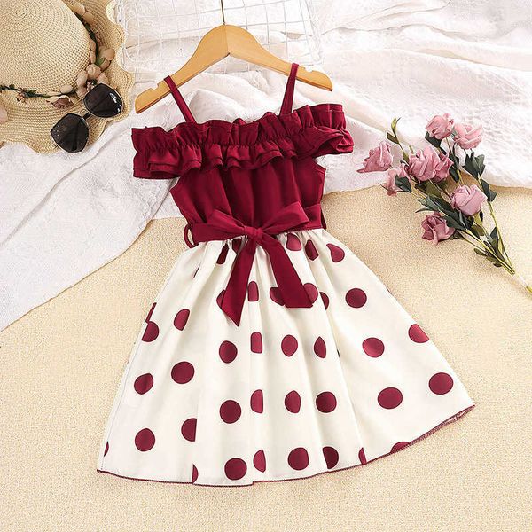 girl's dresses summer girl's dress suspender off-the-shoulder lace one-line neck splicing polka-dot belt a-line knee-length skirt, Red;yellow 
girl's dresses summer girl's dress suspender off-the-shoulder lace one-line neck splicing polka-dot belt a-line knee-length skirt, Red;yellow
