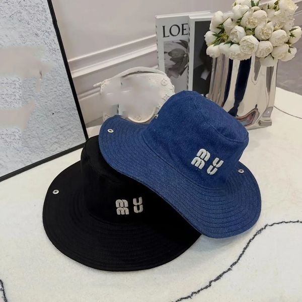 Image of Miu Cowboy fisherman hat female display face small spring and summer everything casual face covering embroidery hat bucket basin hat
