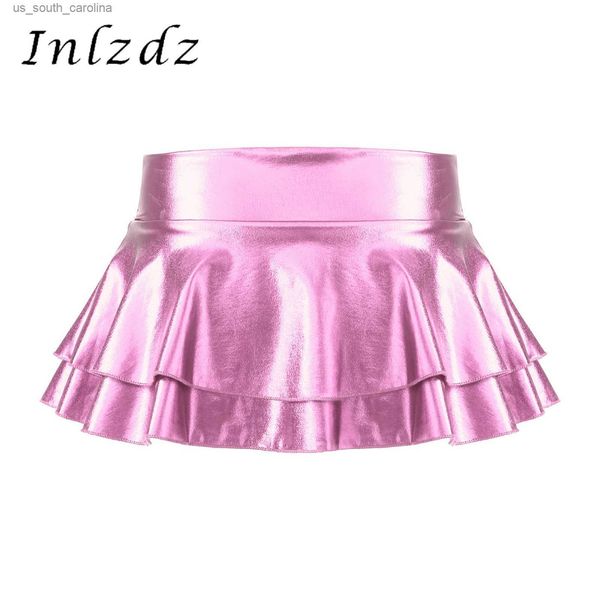 women's mini skirts shiny metallic low rise double layered ruffled short mini skirt rave festival clubwear for pole dancing l230522, Black
women's mini skirts shiny metallic low rise double layered ruffled short mini skirt rave festival clubwear for pole dancing l230522, Black