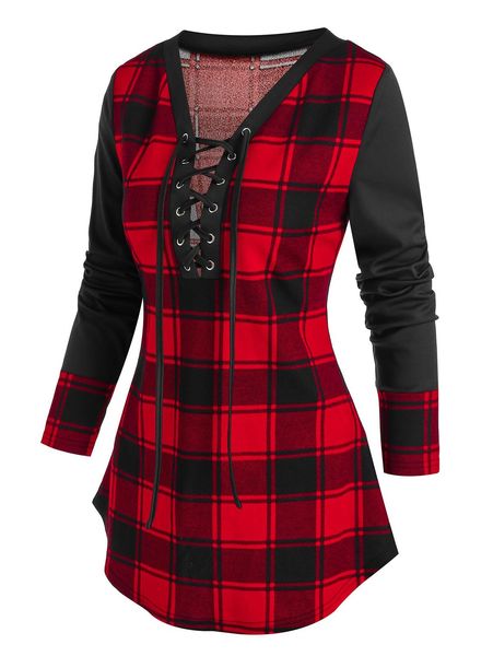 t-shirt long sleeve plaid print laceup tshirt women plaid sweater shirt cowl neck form fitting casual tunic blouse, White
t-shirt long sleeve plaid print laceup tshirt women plaid sweater shirt cowl neck form fitting casual tunic blouse, White