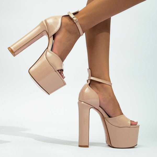 woman sandals rome style chunky high heels women designer patent leather open toe gladiator buckle strap pumps shoes 230511, Black