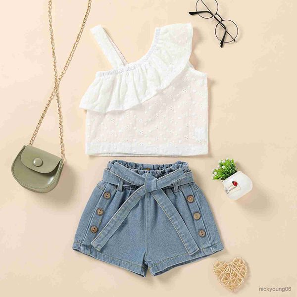 clothing sets kids girls summer suit fashion solid color embroidery flower shoulder anddenim short pants with belt, White
clothing sets kids girls summer suit fashion solid color embroidery flower shoulder anddenim short pants with belt, White