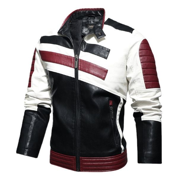 

2023 Autumn street plus size slim stand collar zipper men's biker leather jacket, Red