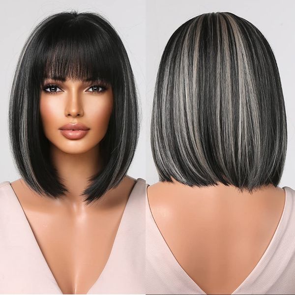 black bob wigs for women short bob wigs with bangs blonde gray highlights human hair wigs machine made glueles wig, Black;brown
black bob wigs for women short bob wigs with bangs blonde gray highlights human hair wigs machine made glueles wig, Black;brown