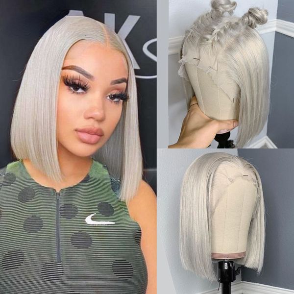 

13x4 Brazilian Natural Hair Silver Grey Short Bob Wigs for Women HD Transparent Straight Glueless Lace Frontal Wig Synthetic Cosplay Drag Queen, White