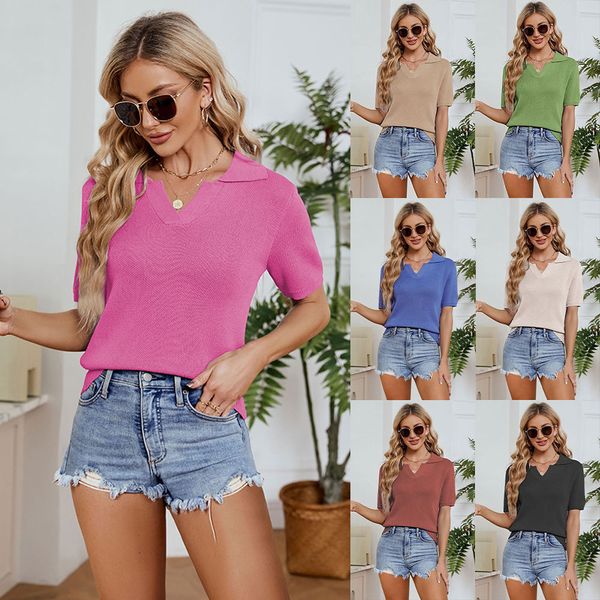 summmer new women's knits & tees solid color v-neck lapel neck short sleeve t-shirt casual pullover sweater, White
summmer new women's knits & tees solid color v-neck lapel neck short sleeve t-shirt casual pullover sweater, White