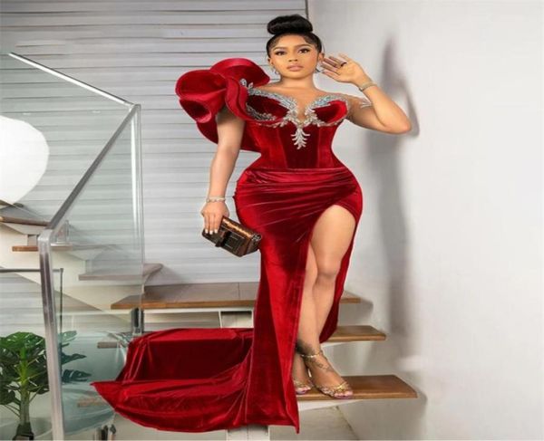 red velvet mermaid prom dresses 2022 sheer neck beads one sleeve side split formal evening party gowns elegant robe de bal1380758, Black
red velvet mermaid prom dresses 2022 sheer neck beads one sleeve side split formal evening party gowns elegant robe de bal1380758, Black