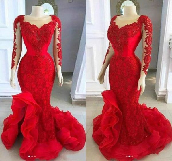 2020 red mermaid prom dresses sheer neck lace appliques beaded low split long sleeves ruffle plus size custom party evening gowns7473205, Black;red
2020 red mermaid prom dresses sheer neck lace appliques beaded low split long sleeves ruffle plus size custom party evening gowns7473205, Black;red