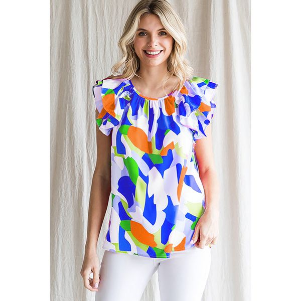 wholesale summer multicolor abstract pattern short sleeves ruffle women blouse, White
wholesale summer multicolor abstract pattern short sleeves ruffle women blouse, White