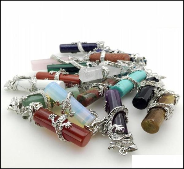 charms natural crystal dragon holding cylindrical shape chakra stone rose quartz pendants for jewelry accessories diy makin dayups1892573, Bronze;silver