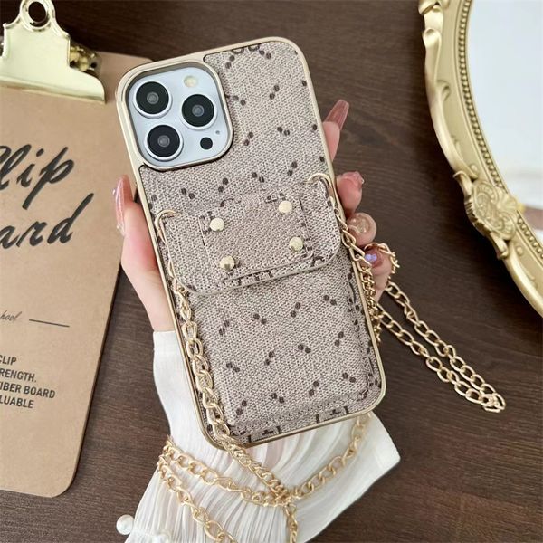 

Fashion Designer Phone Cases for iPhone 15 15Pro 14 14Pro 13 13Pro 12 12Pro max Leather Card Holder Luxury Cellphone Case with Chain Lanyard, L2-black flower