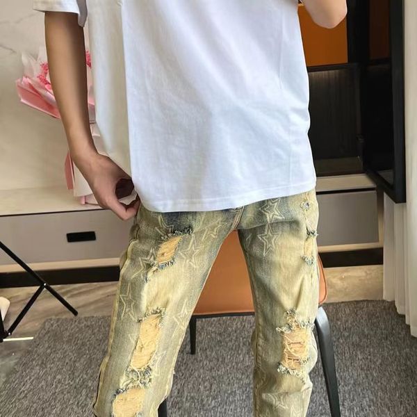 

Spring and autumn new vintage printed jeans men elastic slim straight leg Europe and the United States personality yellow mud hole casual pants 26, Darkcyan