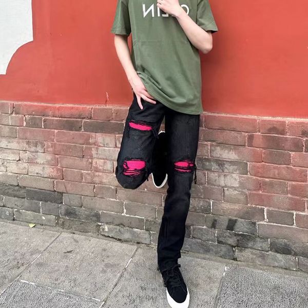 

Net red explosive washed holes taped jeans men spring and autumn trend fashion straight tube Korean version slim long pants 28, Darkcyan