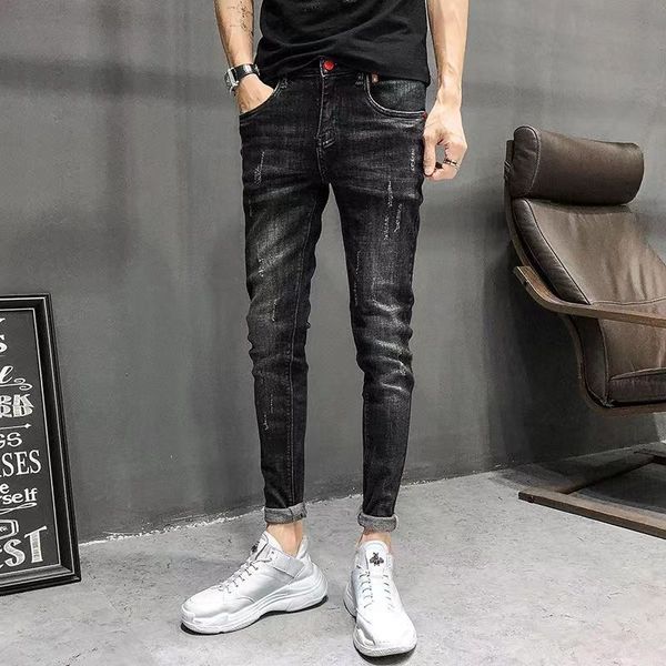 

Fashion men's jeans small feet plus fleece thickening autumn and winter warm fashion casual Korean slim stretch long pants 35, Darkcyan