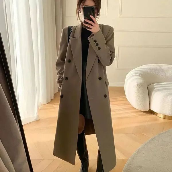 Women's Trench Coats Autumn Fashion Women Suit Long Coats Harajuku Double Breasted Solid Long Windbreaker Elegant Office Lady Solid All Match Jackets