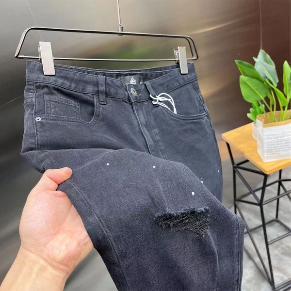

New high-end wash paint point splash-ink ripped men's jeans retro scratch fashion brand slim foot casual pants 25, Darkcyan