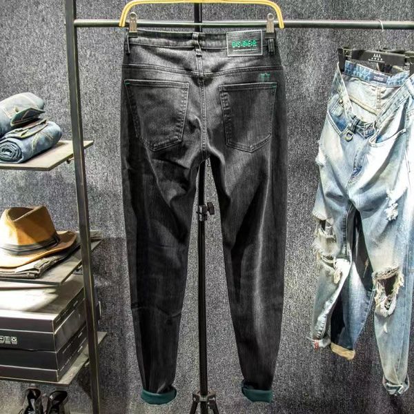 

Autumn and winter fashion brand black and grey jeans men Korean version slim-fit pants trend everything plus fleece thick pants 34, Darkcyan