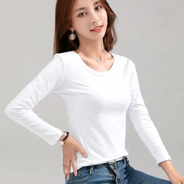 

2023 New Women's Large Round Neck Long Sleeve T-shirt Slim Pure Cotton 95% Women T-shirt for Female Thin White Tops Woman Tees Shirt, Black