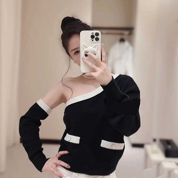 

Knits Women's s High end boutique small fragrant style long sleeved off the shoulder knitted sweater years summer spicy girl slim fit split short top Z2CZ, Black