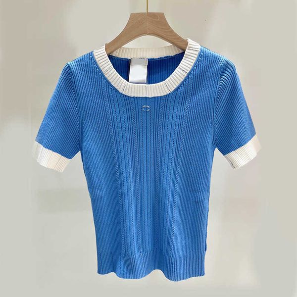 

Knits Women's s Small Fragrant Wind Contrast Color Ice Silk Short Sleeve Black and White Blue Pink Top Bottom Knitted Shirt Women CXJH