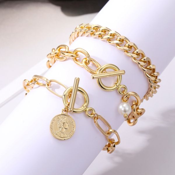 

KISSWIFE Golden Cuban Link Chain Bracelets On the Hand Exaggerated Thick Chain Coin Pendant Bracelet for Women Fashion Jewelry