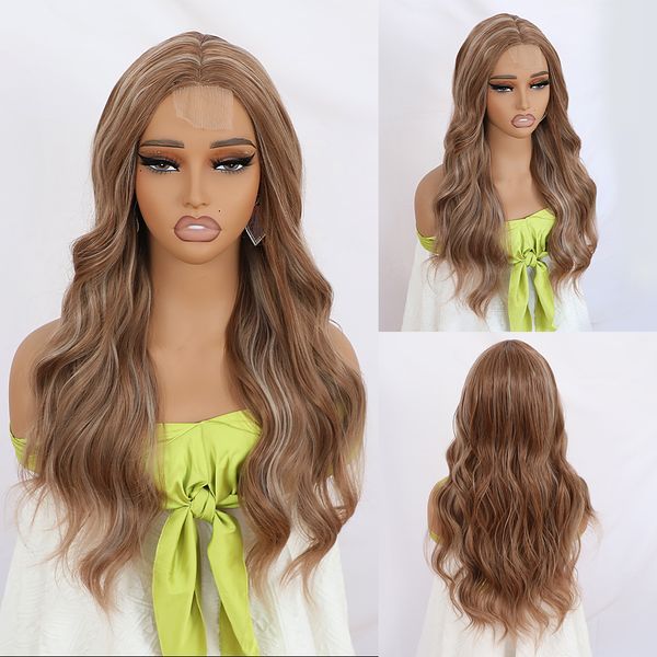 

Long Body Wave Blond Highlights Ombre Brazilian Human Hair Wigs 22 Inch Heat Resistant Synthetic Lace Front Wig for Black Women Natural Pre Plucked Hairline, Mix color