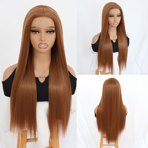 

Lace Frontal Wigs 22inch Long Silky Straight Light Brown Hair Wigs for Women Party Natural Hairline Hand Tied Colored Glueless Synthetic Lace Wig Heat Resistant