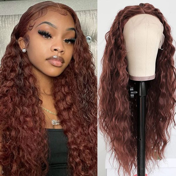 

Brazilian Synthetic Lace Frontal Wigs for Black Women Brown Hair Glueless Long Loose Curly Wave Heat Resistant Fiber Pre Plucked Natural Wig With Baby Hair 24 Inch, Medium brown