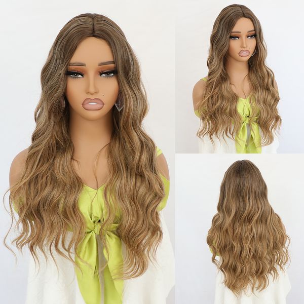 

Long Wavy Heat Resistant Synthetic Wigs Brown Blonde Ombre No Lace Wigs Highlights Natural Full Body Wave Hair Wig Glueless for Fashion Women Party Daily 24 inches, Ombre color