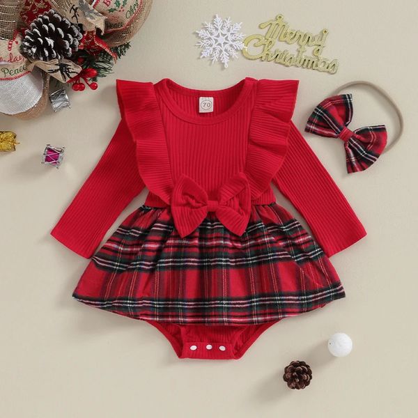 

Rompers Ma Baby 024M Christmas Born Infant Baby Girls Rompers Long Sleeve Bow Plaid Jumpsuit Headband Xmas Outfits D05 231207, Red