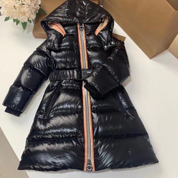 

Girl Hoodies Kids Coat Baby Clothes Girls Down Jacket Hooded Waist Design Long Jackets Luxury White Goose Down Belt Letter Comfortable Warm Classic Stripe, Black