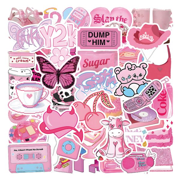 

55pcs ins pink sweet Y2K cartoon graffiti Waterproof PVC Stickers Pack For Fridge Car Suitcase Laptop Notebook Cup Phone Desk Bicycle Skateboard Case.