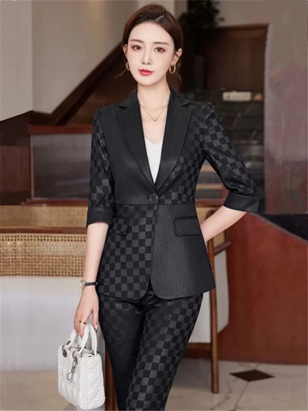 Women's Suits Blazers Summer Pants Sets For Women 2 Piece Set Half Sleeve Blazer Trousers Suit Grey White Hight Quality Chic Elegant Business Outfit
