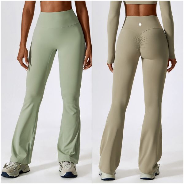 

LL-8232 Womens Pants Yoga Outfits Flared Trousers Elastic Girls High Waist Exercise Sport Gym Fit Belly Bell-bottoms Slim Long Pant Fast Dry, Light brown