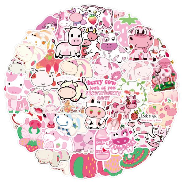 

50pcs ins Strawberry cow pink sweet cartoon Waterproof PVC Stickers Pack For Fridge Car Suitcase Laptop Notebook Cup Phone Desk Bicycle Skateboard Case.