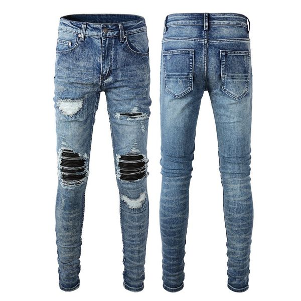 

Hip Hop Youth Rippeed Washed Denim Skinny Slim Fit Hole Patch Beggar Jean Man Amiryes Plus Size Light Blue