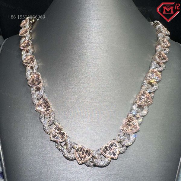 Custom Handmade Sier Heart Design Cluster Iced Out Moissanite Cuban Link Chain