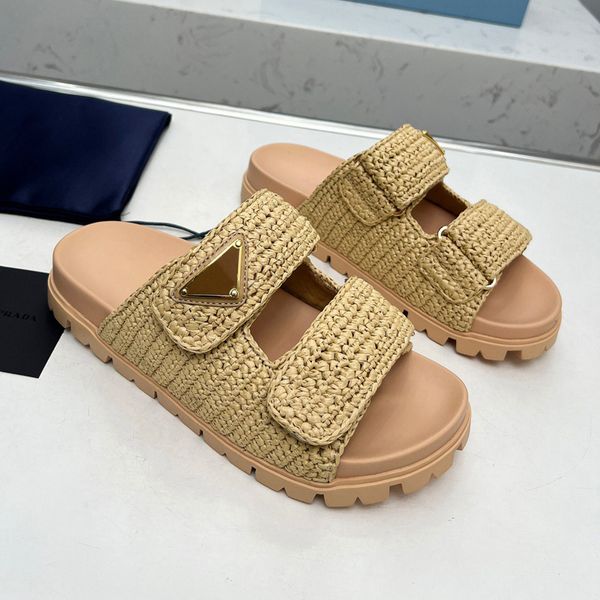 

Designer Sandal Woman Crochet Slides Black Platform Wedges Straw Flatform Slipper Summer Flat Comfort Mule Beach Pool Two Straps