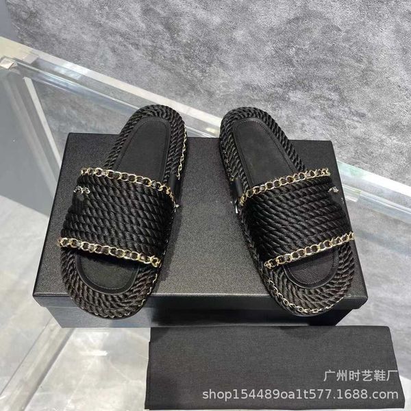 2023 summer new chain thick sole for women outerwear with flat bottom and hemp rope home slippers, Black
2023 summer new chain thick sole for women outerwear with flat bottom and hemp rope home slippers, Black