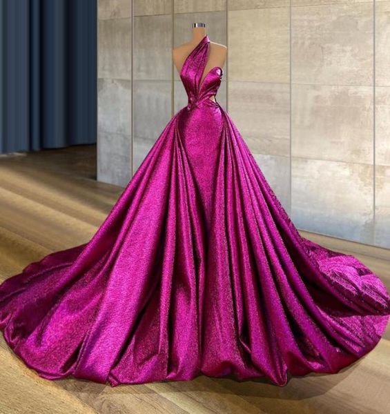 Image of Gorgeous Fuchsia Plus Size Mermaid Prom Dresses With Detachable Train One Shoulder Overskirt Evening Gowns Party Dress Special Occ1999337