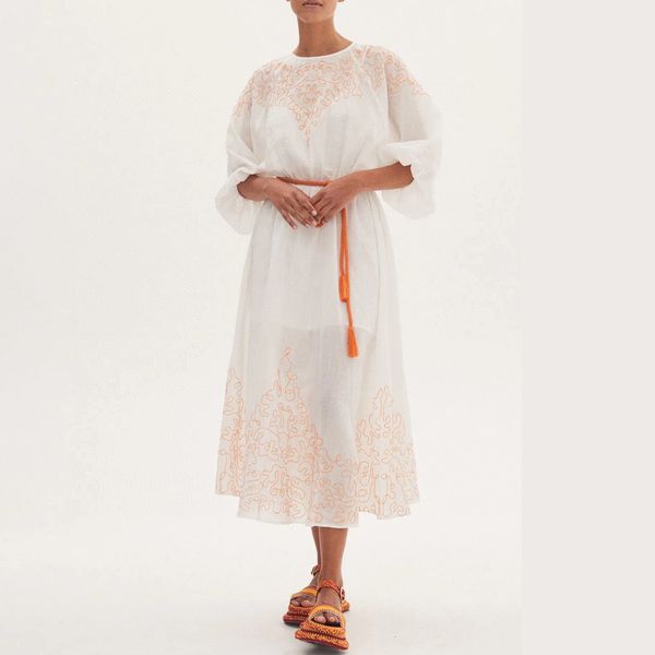 australian designer dress white batwing sleeve gathered wais embroidery linen long dress, Black;gray
australian designer dress white batwing sleeve gathered wais embroidery linen long dress, Black;gray